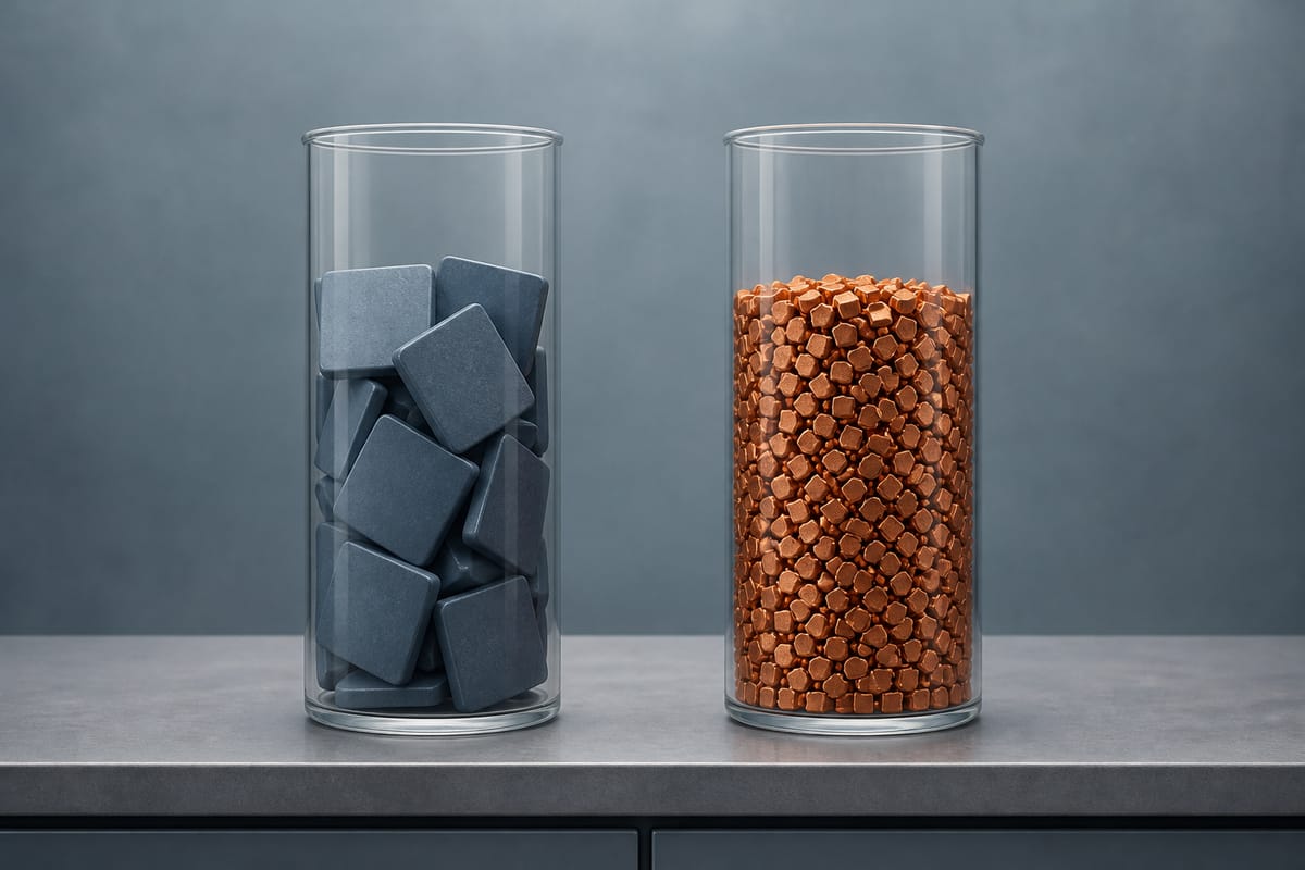 Zwei gleich große Glaszylinder auf einer Arbeitsfläche: Links liegen wenige große, blaugraue Plättchen, rechts sehr viele kleine kupferne Plättchen. Beide sind fast gleich hoch gefüllt.