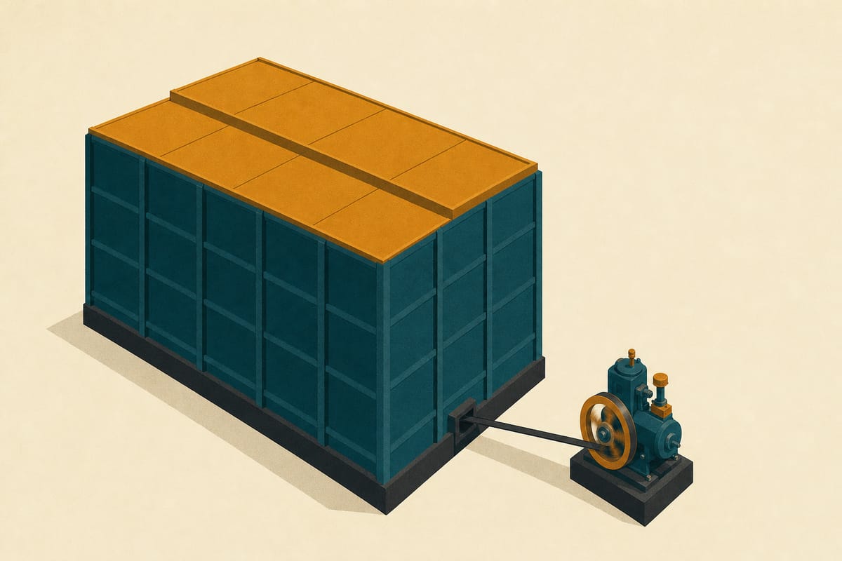 Illustration eines riesigen, dunkel-türkisen Lagerblocks mit orangefarbenem Dach, der über einen einzelnen Riemen mit einem winzigen Motor mit Schwungrad verbunden ist
