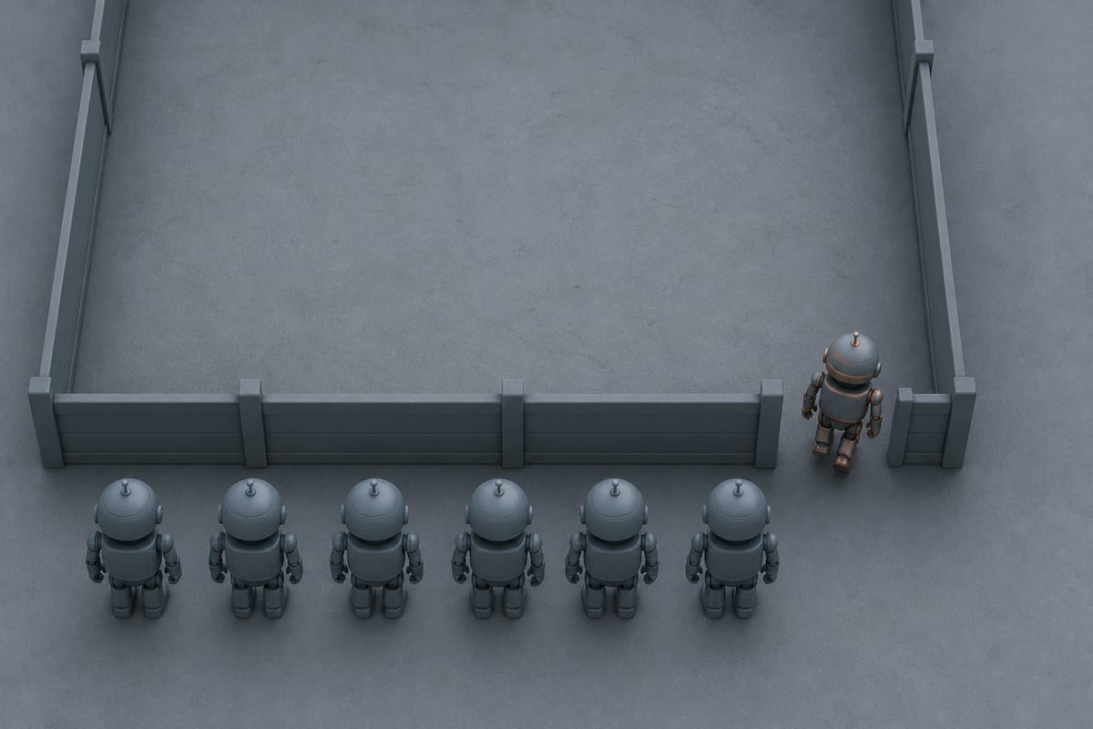 Draufsicht auf ein eingezäuntes Testgelände: Sechs gleiche graue Roboter stehen in einer Reihe vor dem Zaun, ein einzelner Roboter mit kupfernen Akzenten geht durch eine Lücke am Rand des Zauns hindurch.